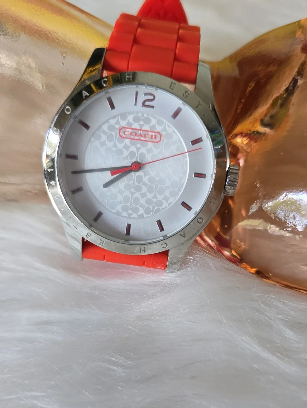 Coach Women's Silver Case Watch with Red Silicone Strap